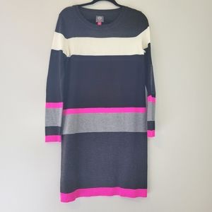 Vince Camuto Pink, Black, and Gray Striped Sweater Dress